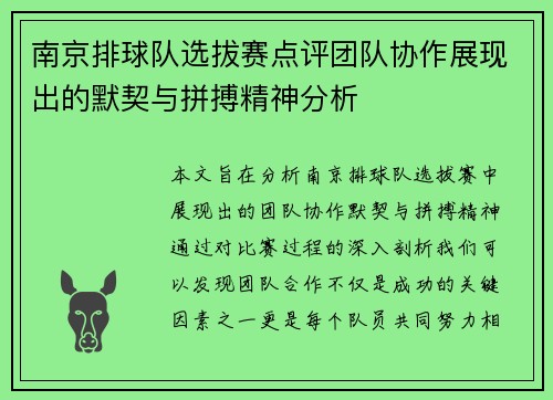南京排球队选拔赛点评团队协作展现出的默契与拼搏精神分析