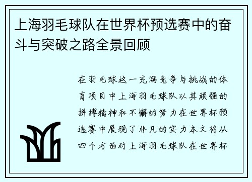 上海羽毛球队在世界杯预选赛中的奋斗与突破之路全景回顾